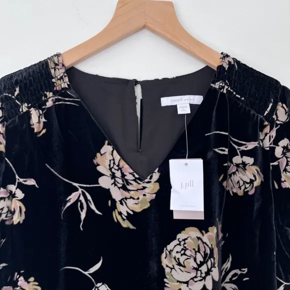 J. Jilll Black Velvet Floral Smocked V-Neck Dress NEW Pure Jill