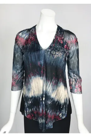 JESSICA  V-Neck 3/4 Sleeves Sheer Mesh Sleeves Top W/ Pleated Waterfall Overlay