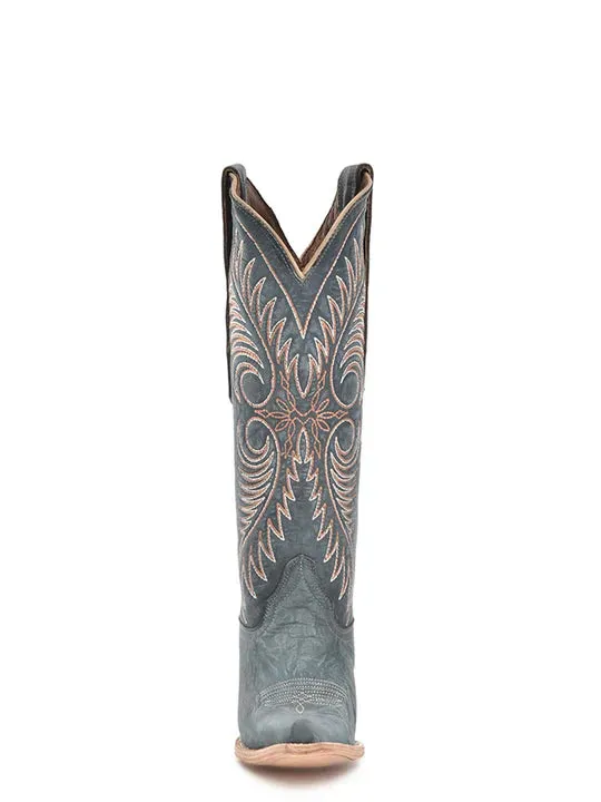 L6120 - WOMEN'S EMBROIDERY DSITRESSED BLUE SNIP TOE COWBOY BOOT