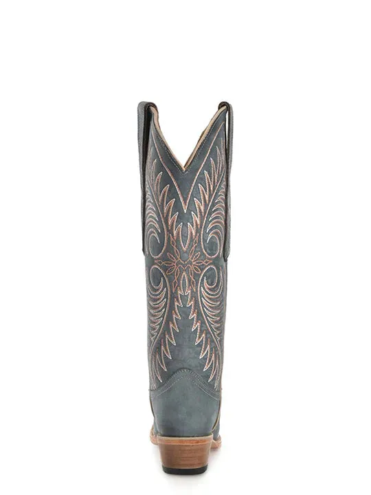 L6120 - WOMEN'S EMBROIDERY DSITRESSED BLUE SNIP TOE COWBOY BOOT