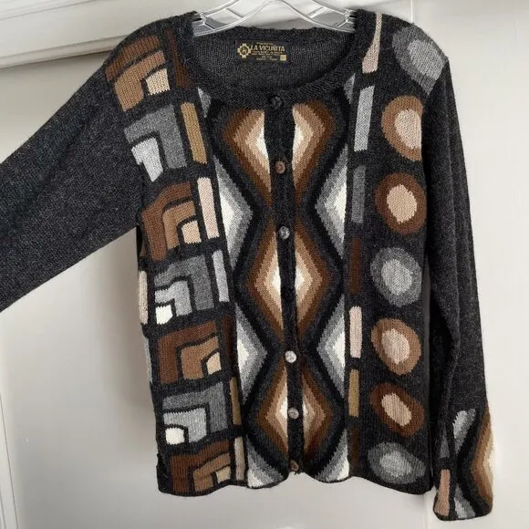La Vicunita Peruvian Baby Alpaca Cardigan Sweater Size M Gray Multi Aztec Geo