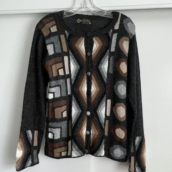 La Vicunita Peruvian Baby Alpaca Cardigan Sweater Size M Gray Multi Aztec Geo