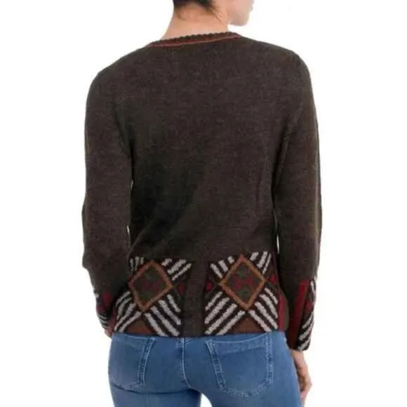 La Vicunita Peruvian Baby Alpaca Cardigan Sweater Size M Gray Multi Aztec Geo
