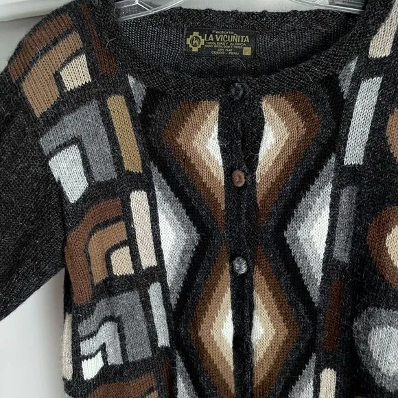 La Vicunita Peruvian Baby Alpaca Cardigan Sweater Size M Gray Multi Aztec Geo