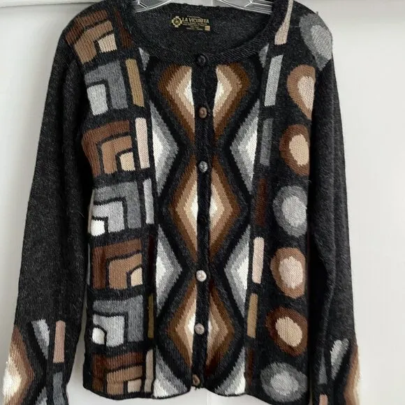 La Vicunita Peruvian Baby Alpaca Cardigan Sweater Size M Gray Multi Aztec Geo