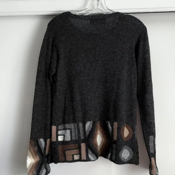 La Vicunita Peruvian Baby Alpaca Cardigan Sweater Size M Gray Multi Aztec Geo