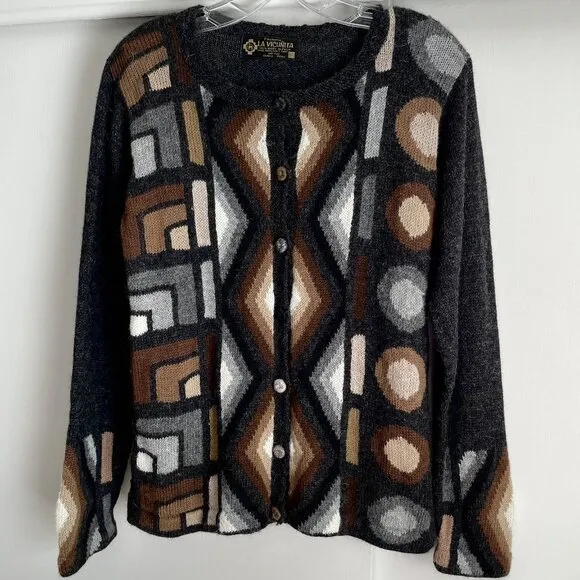 La Vicunita Peruvian Baby Alpaca Cardigan Sweater Size M Gray Multi Aztec Geo