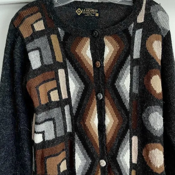La Vicunita Peruvian Baby Alpaca Cardigan Sweater Size M Gray Multi Aztec Geo