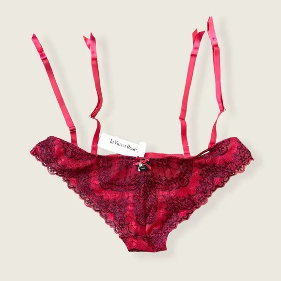 La Vie En Rose Flirty Pink Black Date Lace Scallop Bralet 2 Piece Lingerie Set