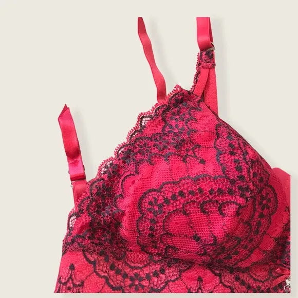 La Vie En Rose Flirty Pink Black Date Lace Scallop Bralet 2 Piece Lingerie Set
