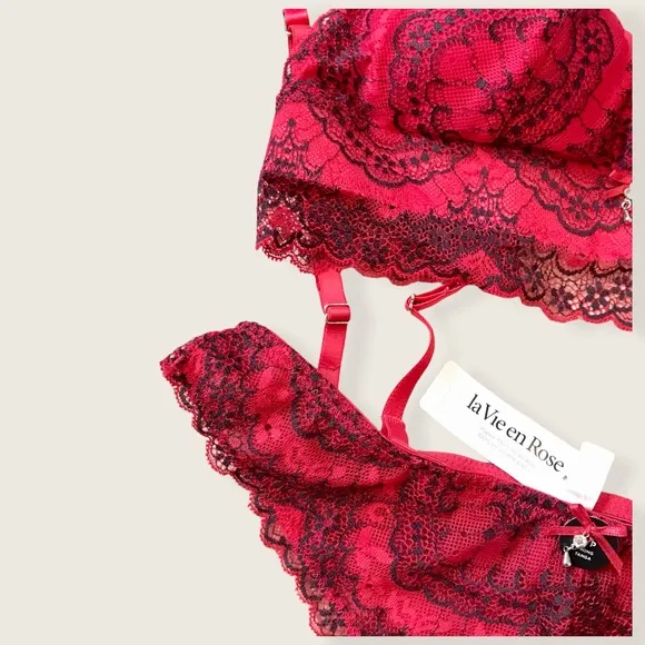 La Vie En Rose Flirty Pink Black Date Lace Scallop Bralet 2 Piece Lingerie Set