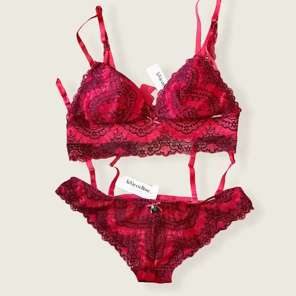 La Vie En Rose Flirty Pink Black Date Lace Scallop Bralet 2 Piece Lingerie Set