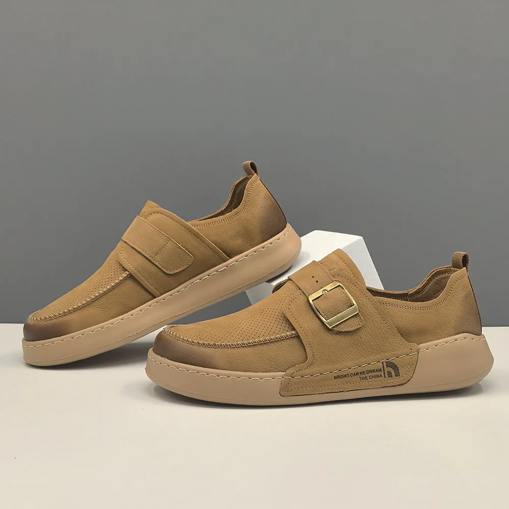 Men Retro Plain Breathable Leather Flat Casual Shoes