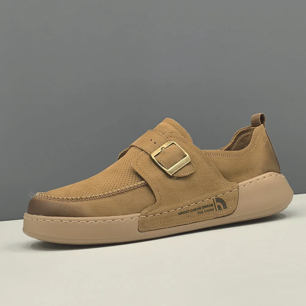 Men Retro Plain Breathable Leather Flat Casual Shoes
