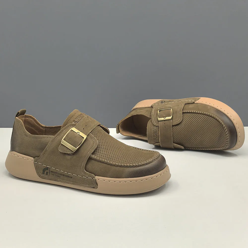 Men Retro Plain Breathable Leather Flat Casual Shoes