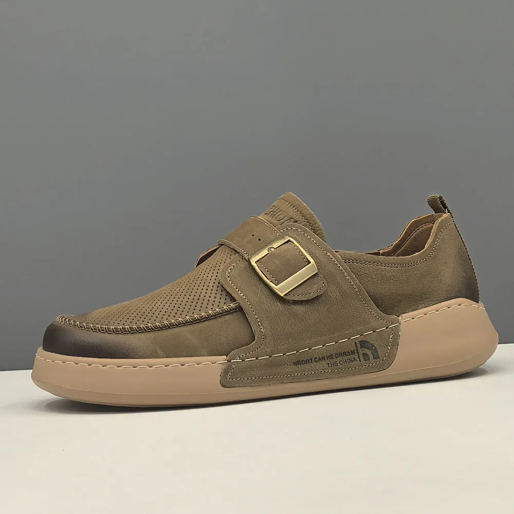 Men Retro Plain Breathable Leather Flat Casual Shoes