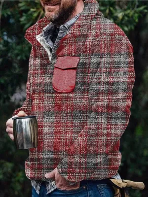 Men's Flannel Casual Retro Button Pullover Sweatshirt