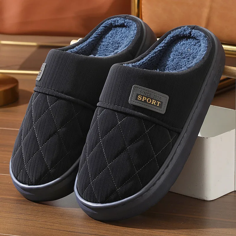 Men's Home Slippers, Winter Warm Plush House Shoes, Indoor Non-slip Floor Bedroom Flats, Casual All-match Shoes