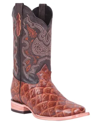 Men's Monster Fish Print Cow Leather Western Cowboy Boots 'El General' Color Almond 41793