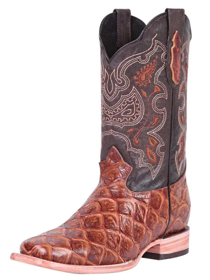 Men's Monster Fish Print Cow Leather Western Cowboy Boots 'El General' Color Almond 41793