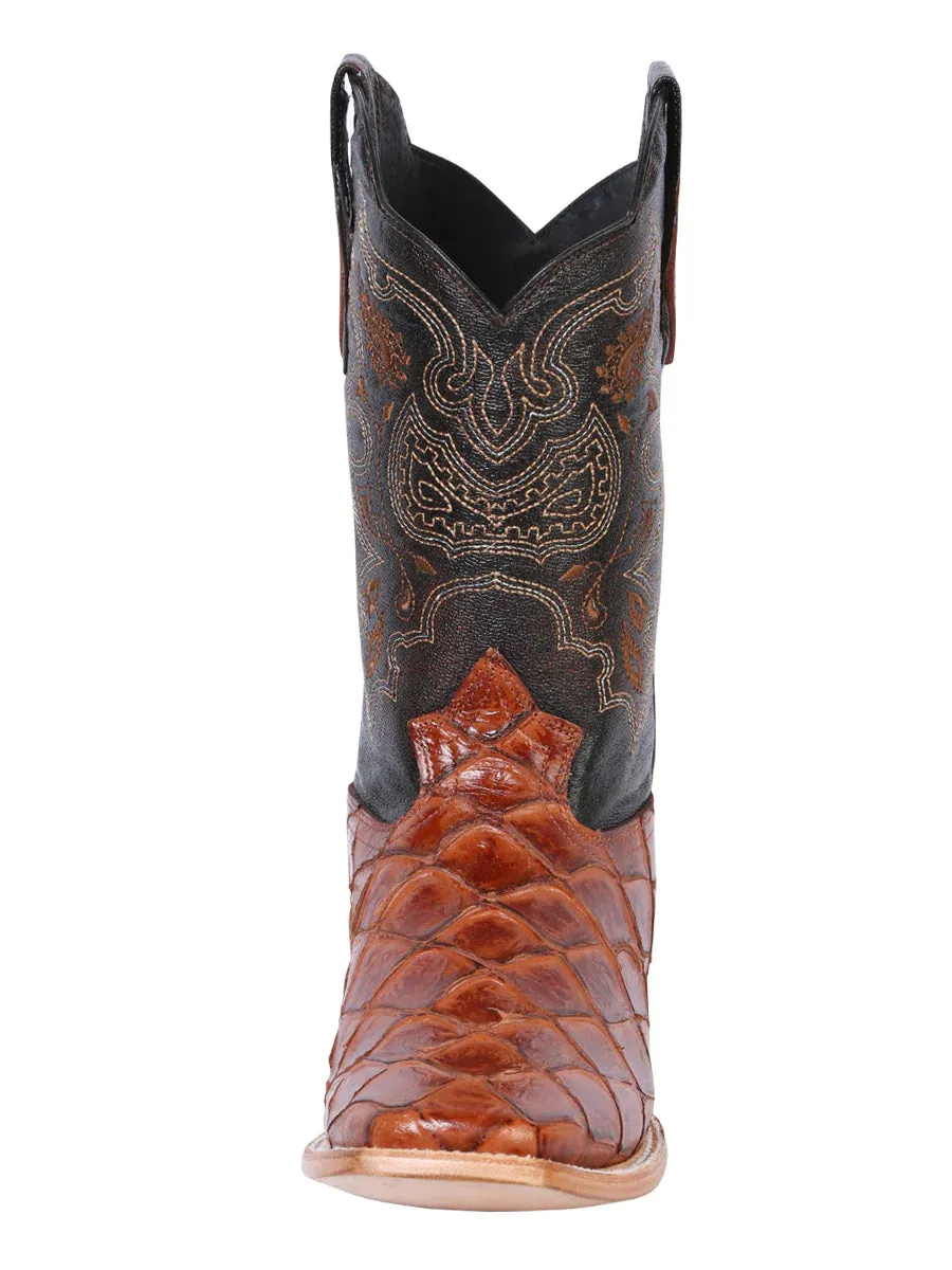 Men's Monster Fish Print Cow Leather Western Cowboy Boots 'El General' Color Almond 41793