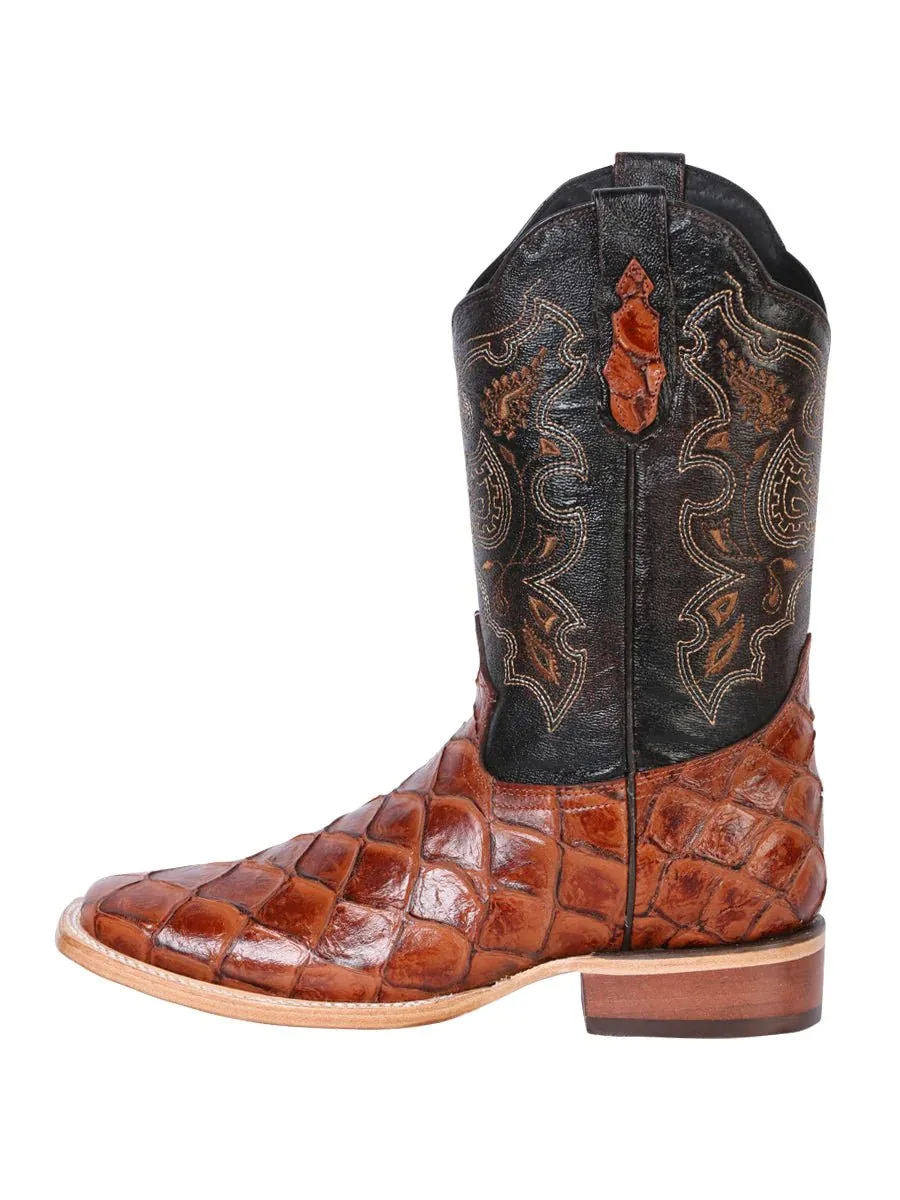 Men's Monster Fish Print Cow Leather Western Cowboy Boots 'El General' Color Almond 41793