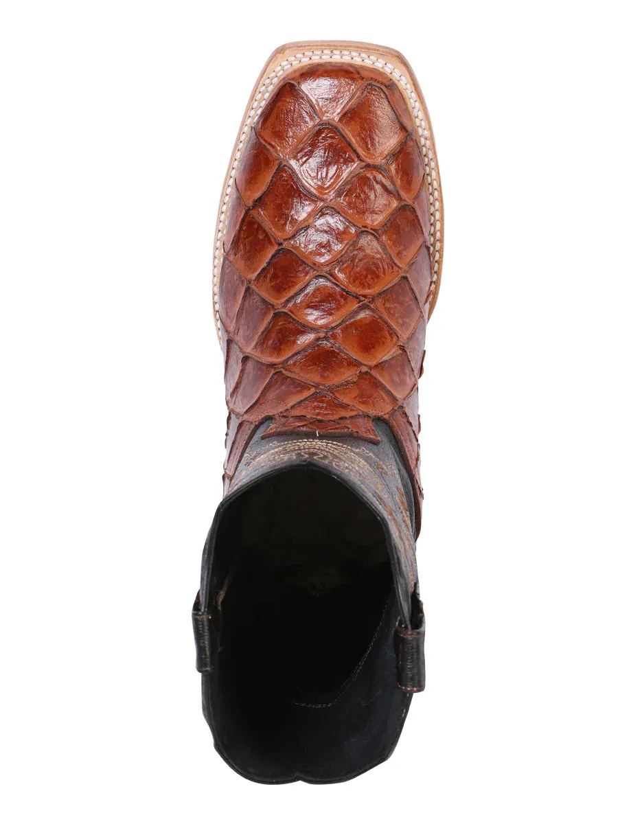 Men's Monster Fish Print Cow Leather Western Cowboy Boots 'El General' Color Almond 41793