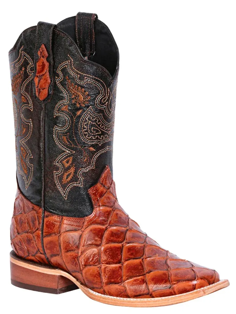 Men's Monster Fish Print Cow Leather Western Cowboy Boots 'El General' Color Almond 41793