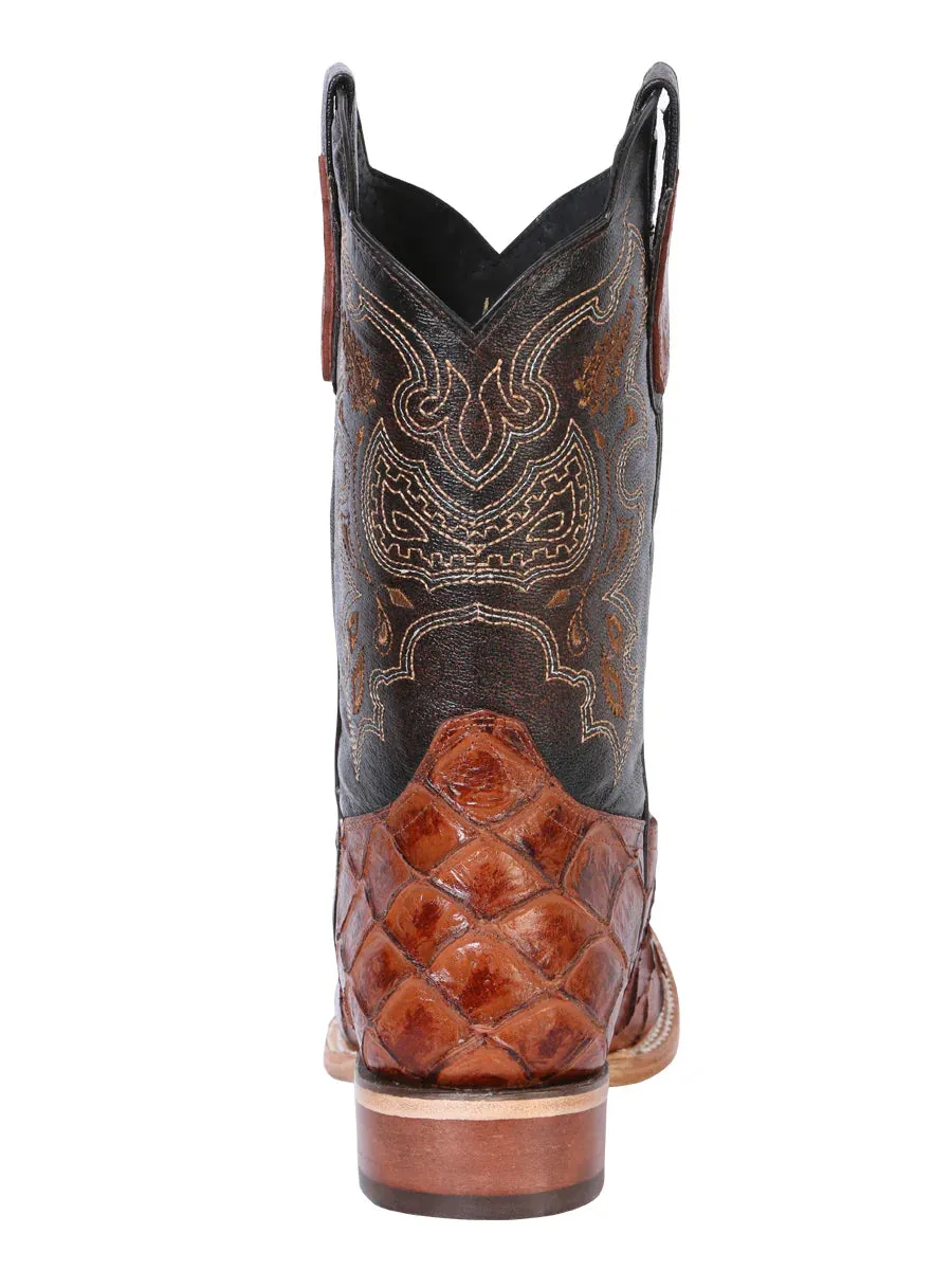 Men's Monster Fish Print Cow Leather Western Cowboy Boots 'El General' Color Almond 41793