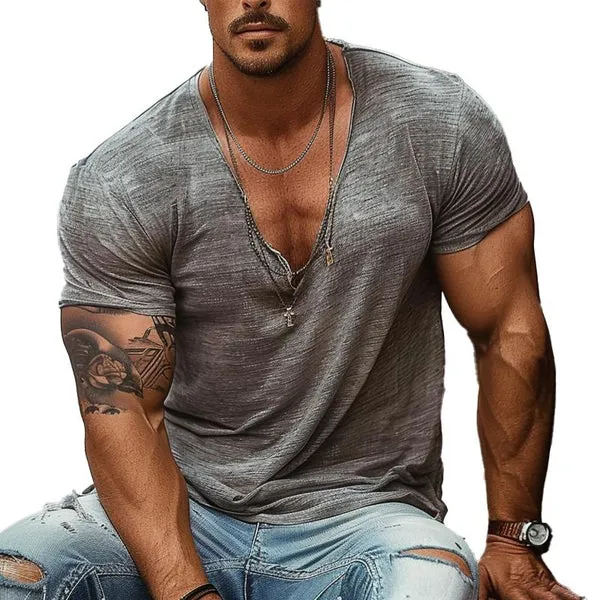 MEN'S RETRO THIN ROUND V-NECK CASUAL T-SHIRT