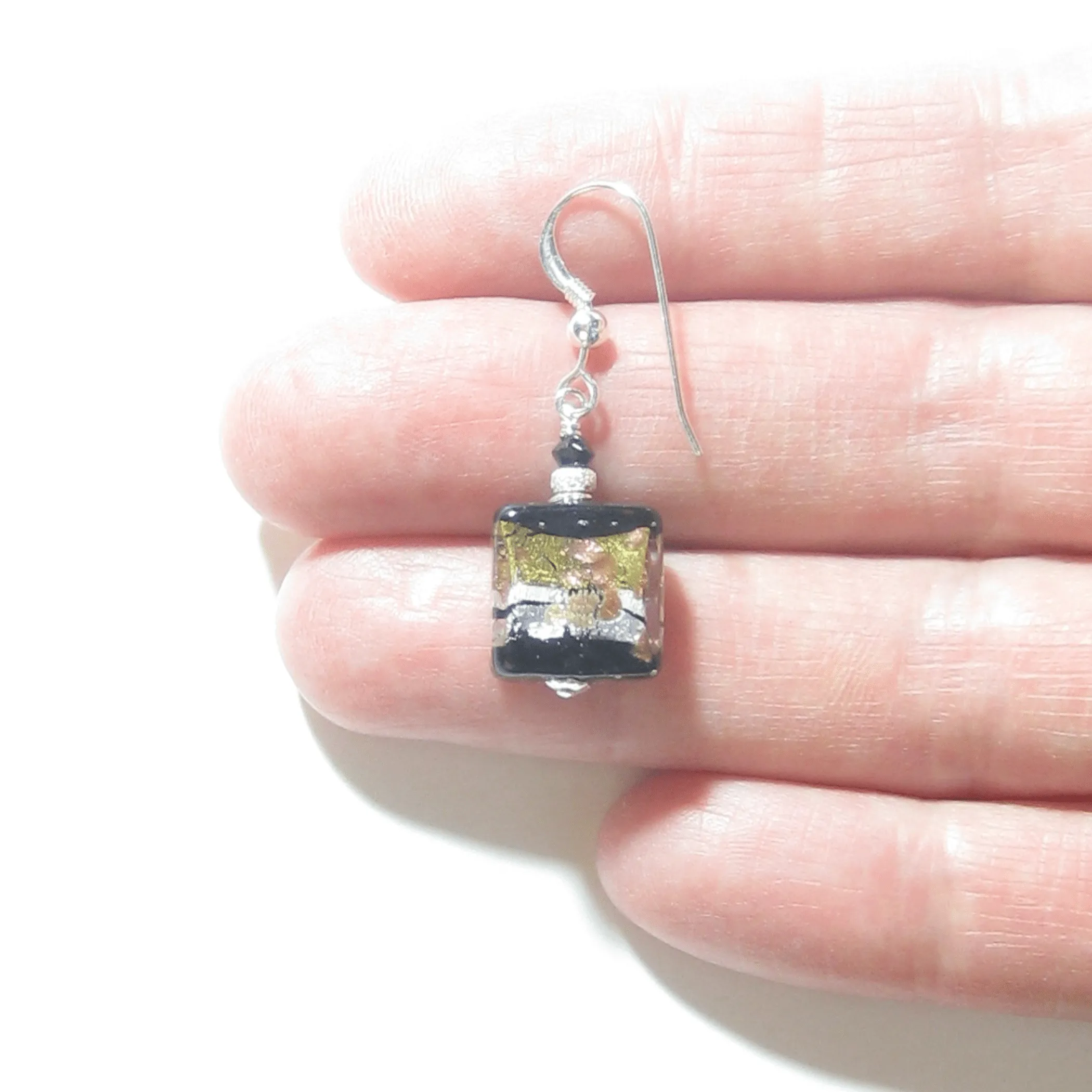 Murano Glass Black Gold Stripe Square Dangle Silver Earrings by JKC Murano