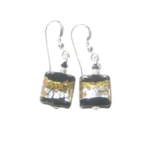 Murano Glass Black Gold Stripe Square Dangle Silver Earrings by JKC Murano