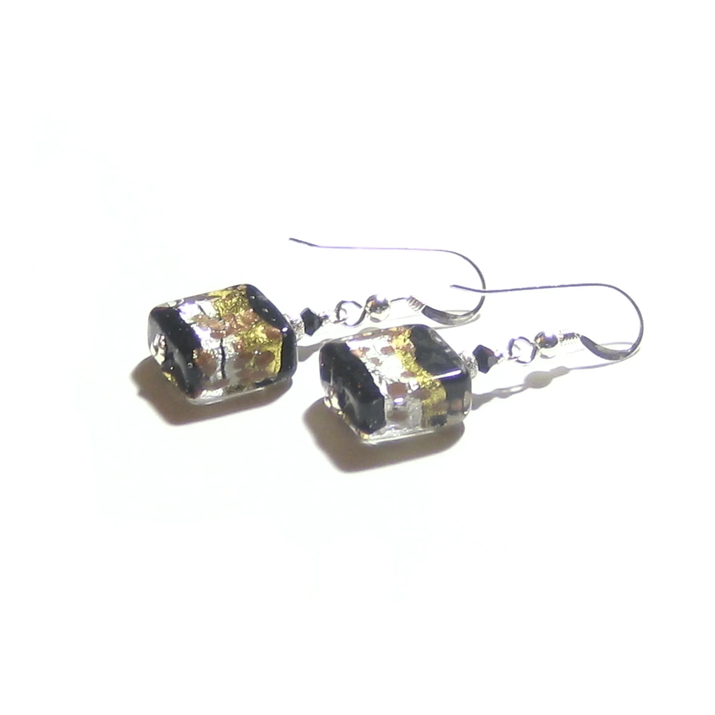 Murano Glass Black Gold Stripe Square Dangle Silver Earrings by JKC Murano