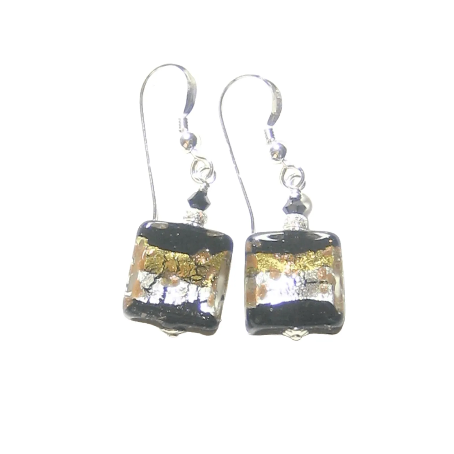 Murano Glass Black Gold Stripe Square Dangle Silver Earrings by JKC Murano