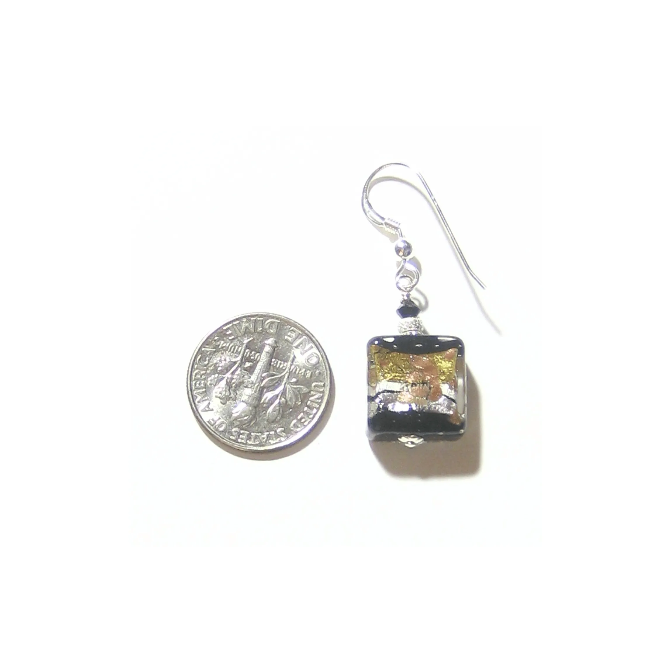 Murano Glass Black Gold Stripe Square Dangle Silver Earrings by JKC Murano