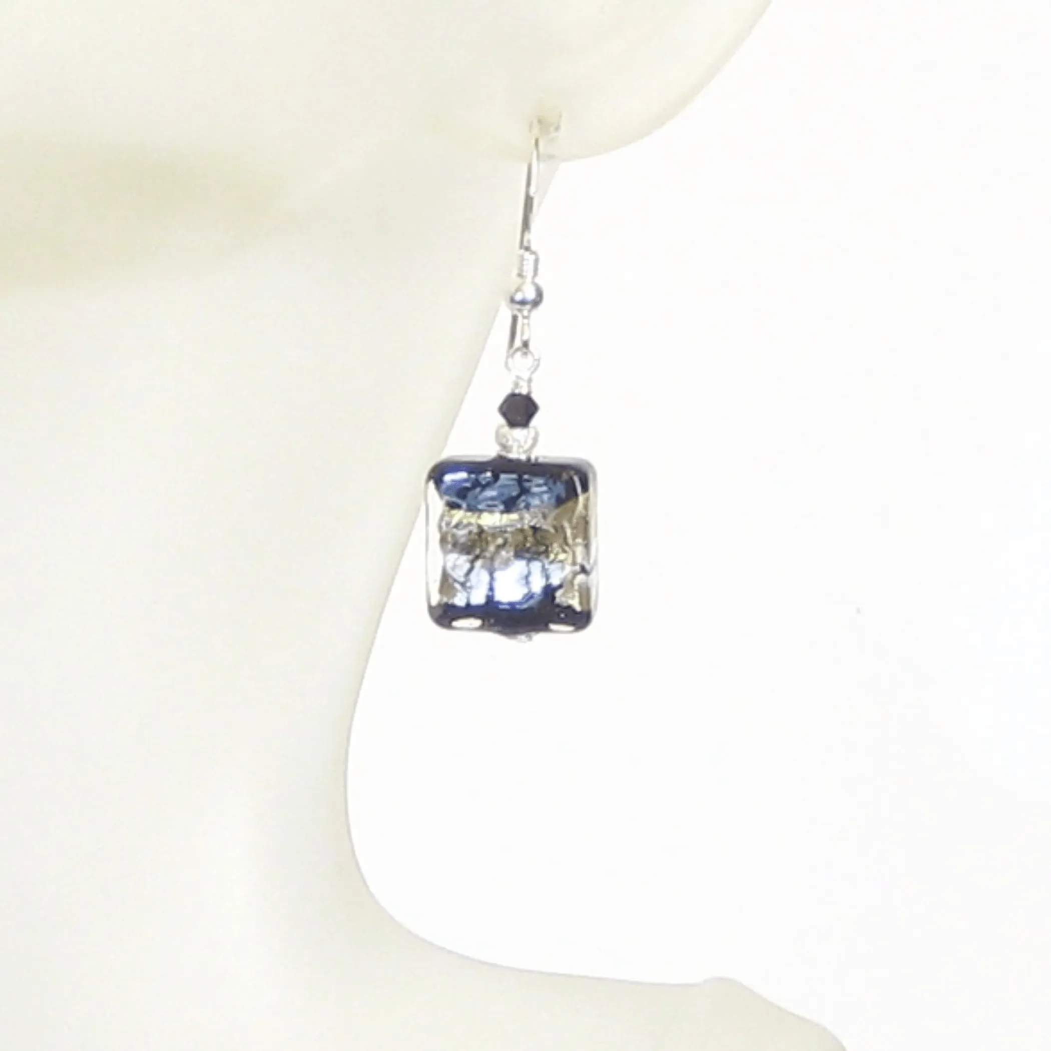Murano Glass Black Gold Stripe Square Dangle Silver Earrings by JKC Murano
