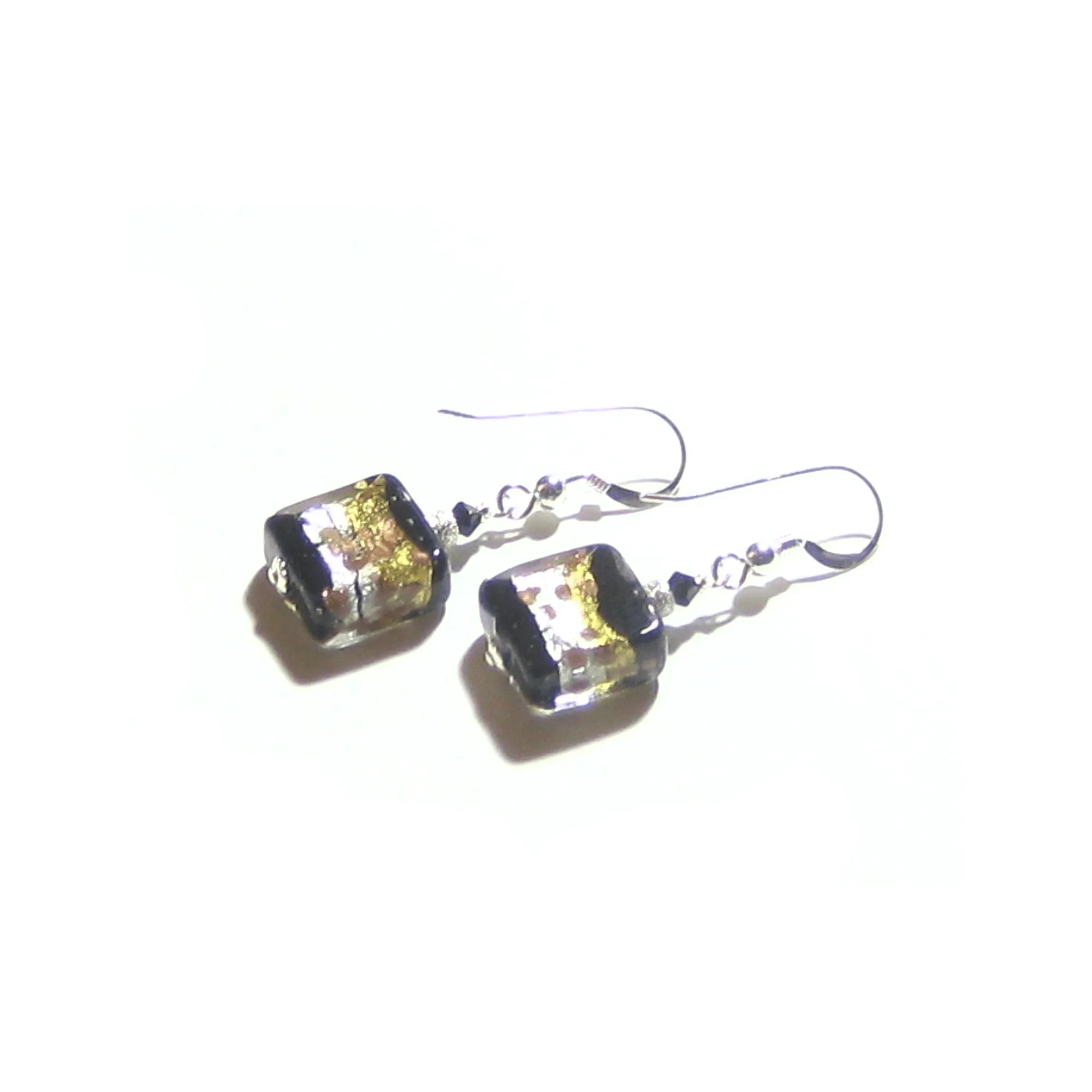 Murano Glass Black Gold Stripe Square Dangle Silver Earrings by JKC Murano