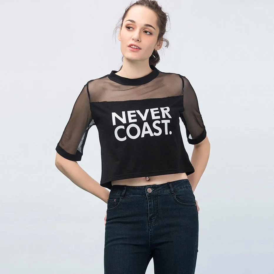 'NEVER COAST' Mesh Patchwork T-Shirt