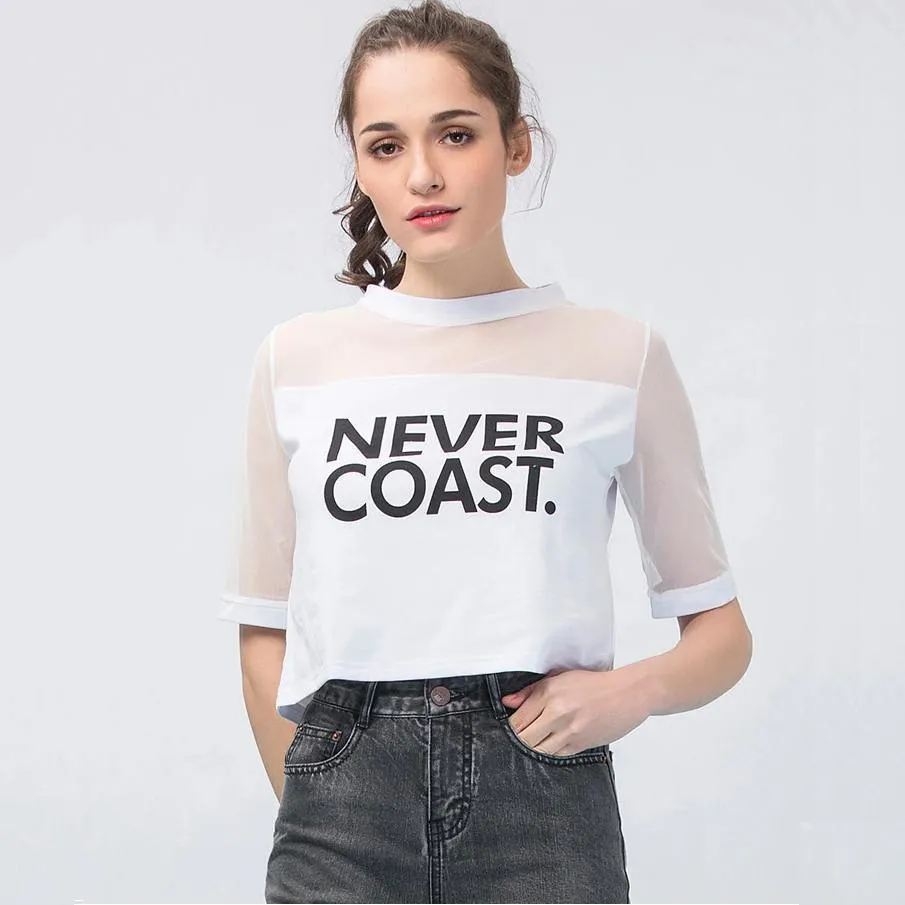 'NEVER COAST' Mesh Patchwork T-Shirt