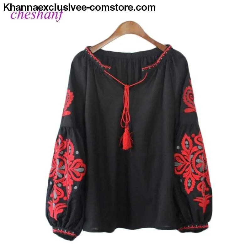New Ethnic Embroidery Floral Blouse Ladies Long Sleeve Shirt Vintage Tassel Lace Up Collar Blouse