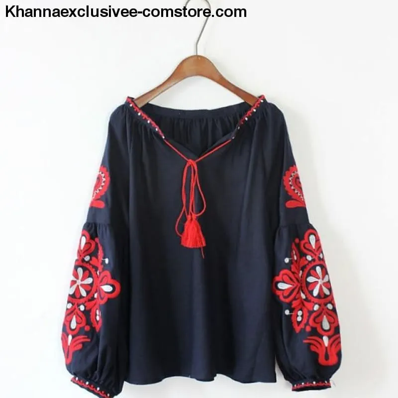 New Ethnic Embroidery Floral Blouse Ladies Long Sleeve Shirt Vintage Tassel Lace Up Collar Blouse