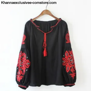 New Ethnic Embroidery Floral Blouse Ladies Long Sleeve Shirt Vintage Tassel Lace Up Collar Blouse