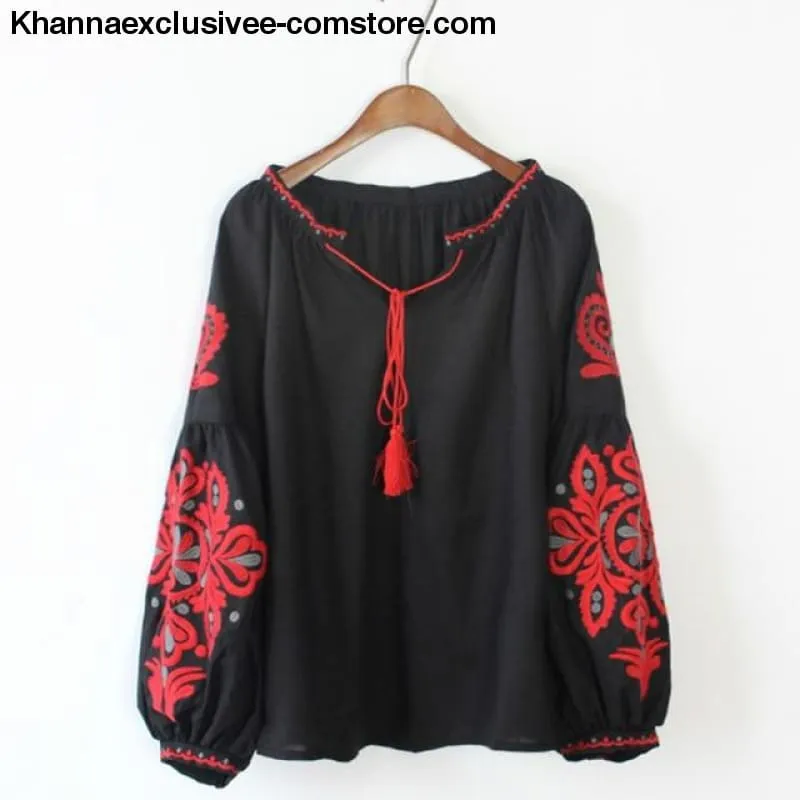 New Ethnic Embroidery Floral Blouse Ladies Long Sleeve Shirt Vintage Tassel Lace Up Collar Blouse