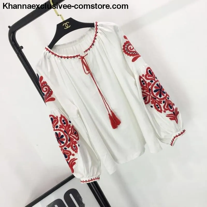 New Ethnic Embroidery Floral Blouse Ladies Long Sleeve Shirt Vintage Tassel Lace Up Collar Blouse