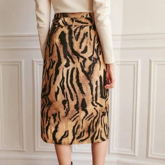 New Frenchy Belted Button Front Tigerskin Print Skirt