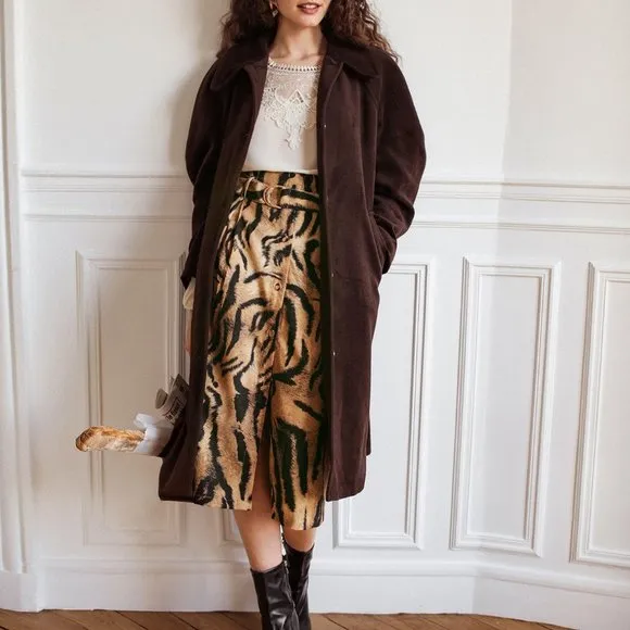New Frenchy Belted Button Front Tigerskin Print Skirt