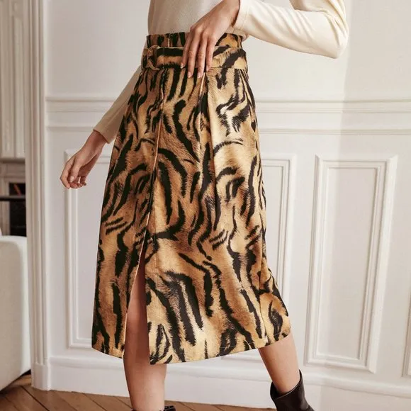 New Frenchy Belted Button Front Tigerskin Print Skirt