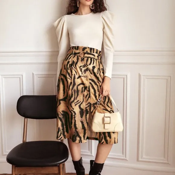 New Frenchy Belted Button Front Tigerskin Print Skirt