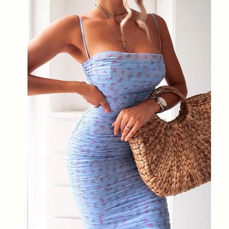 NewAsia Mesh Frauen Kleid Sommer 2020 Spaghetti-trägern Knie-länge Elegante Kleid Slim Fit Floral Print Geraffte Kleider Blau