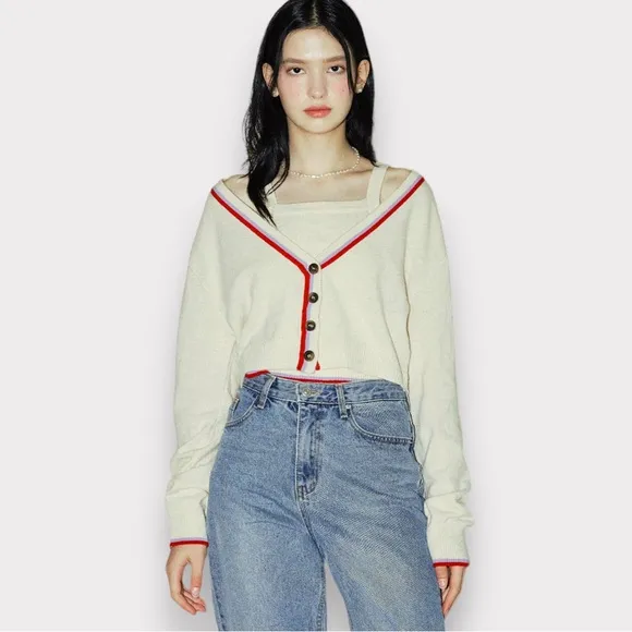 NWT Letter From Moon Merino Wool Two-Piece Stripe Cardigan Bustier Top Sz S